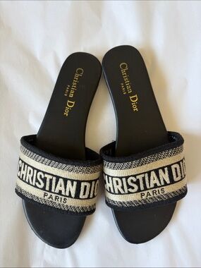 Christian Dior Black and Cream Logo Espadrille Slide Size 37 Made in Italy